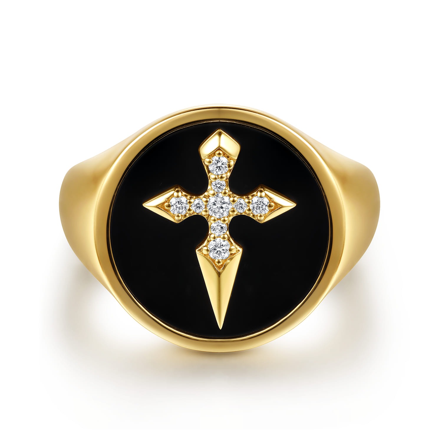 Wide 14K Yellow Gold Diamond and Onyx Cross Signet Ring - 0.11 ct - Shot 1