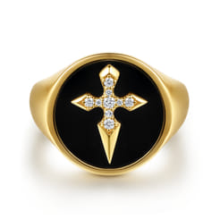 Wide 14K Yellow Gold Diamond and Onyx Cross Signet Ring