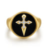 Wide 14K Yellow Gold Diamond and Onyx Cross Signet Ring - 0.11 ct