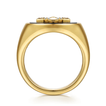 Wide 14K Yellow Gold Diamond and Onyx Cross Signet Ring