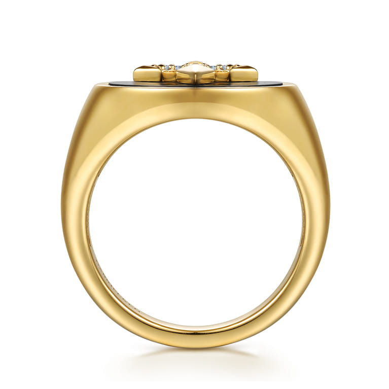 Wide 14K Yellow Gold Diamond and Onyx Cross Signet Ring - 0.11 ct - Shot 2