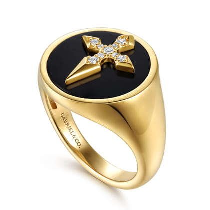 Wide 14K Yellow Gold Diamond and Onyx Cross Signet Ring