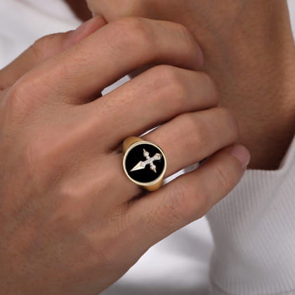Wide 14K Yellow Gold Diamond and Onyx Cross Signet Ring