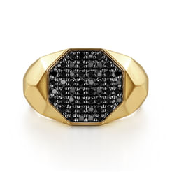 Wide 14K Yellow Gold Faceted Signet Ring with Black Diamond Pavé in High Polished Finish