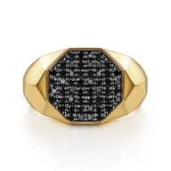 Wide 14K Yellow Gold Faceted Signet Ring with Black Diamond Pave in High Polished Finish