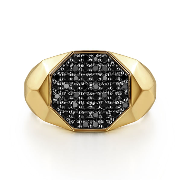 Signet Ring Mens Black Ring With Black Diamond Wide 14K Yellow