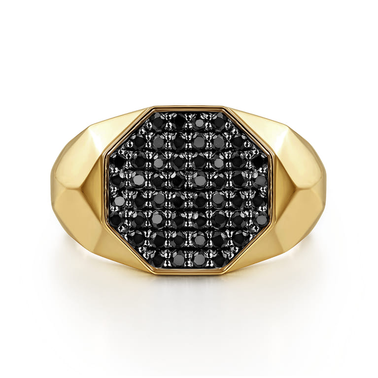 Wide 14K Yellow Gold Faceted Signet Ring with Black Diamond Pave in High Polished Finish - 0.65 ct - Shot 1