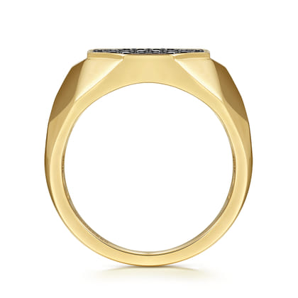 Wide 14K Yellow Gold Faceted Signet Ring with Black Diamond Pave in High Polished Finish