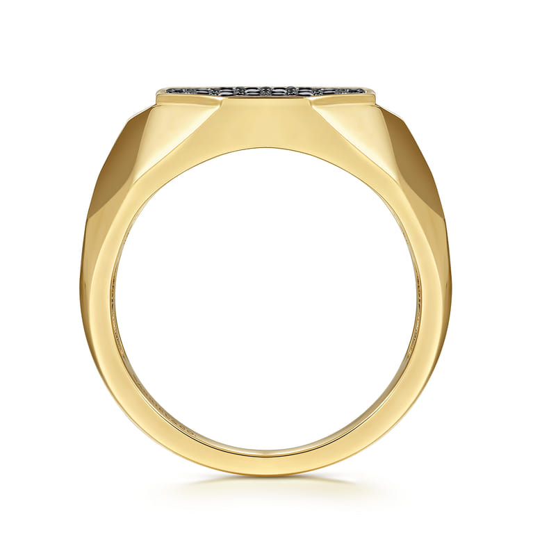 Wide 14K Yellow Gold Faceted Signet Ring with Black Diamond Pave in High Polished Finish - 0.65 ct - Shot 2