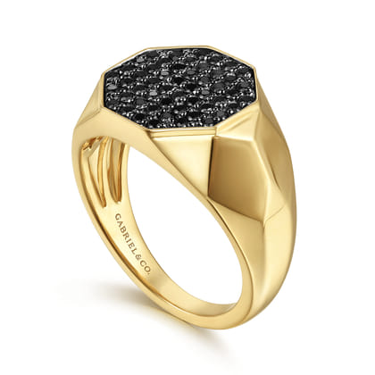 Wide 14K Yellow Gold Faceted Signet Ring with Black Diamond Pave in High Polished Finish