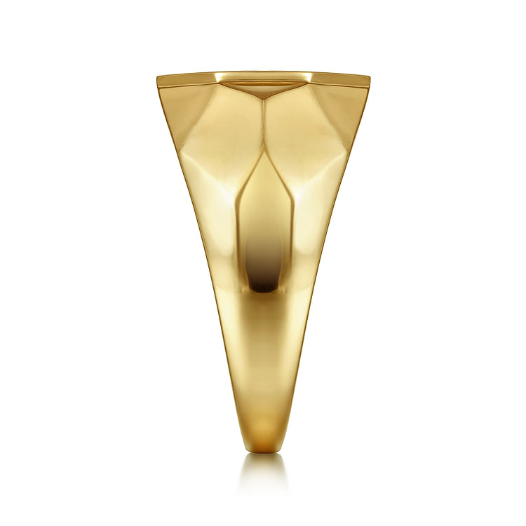 Wide 14K Yellow Gold Faceted Signet Ring with Black Diamond Pave in High Polished Finish
