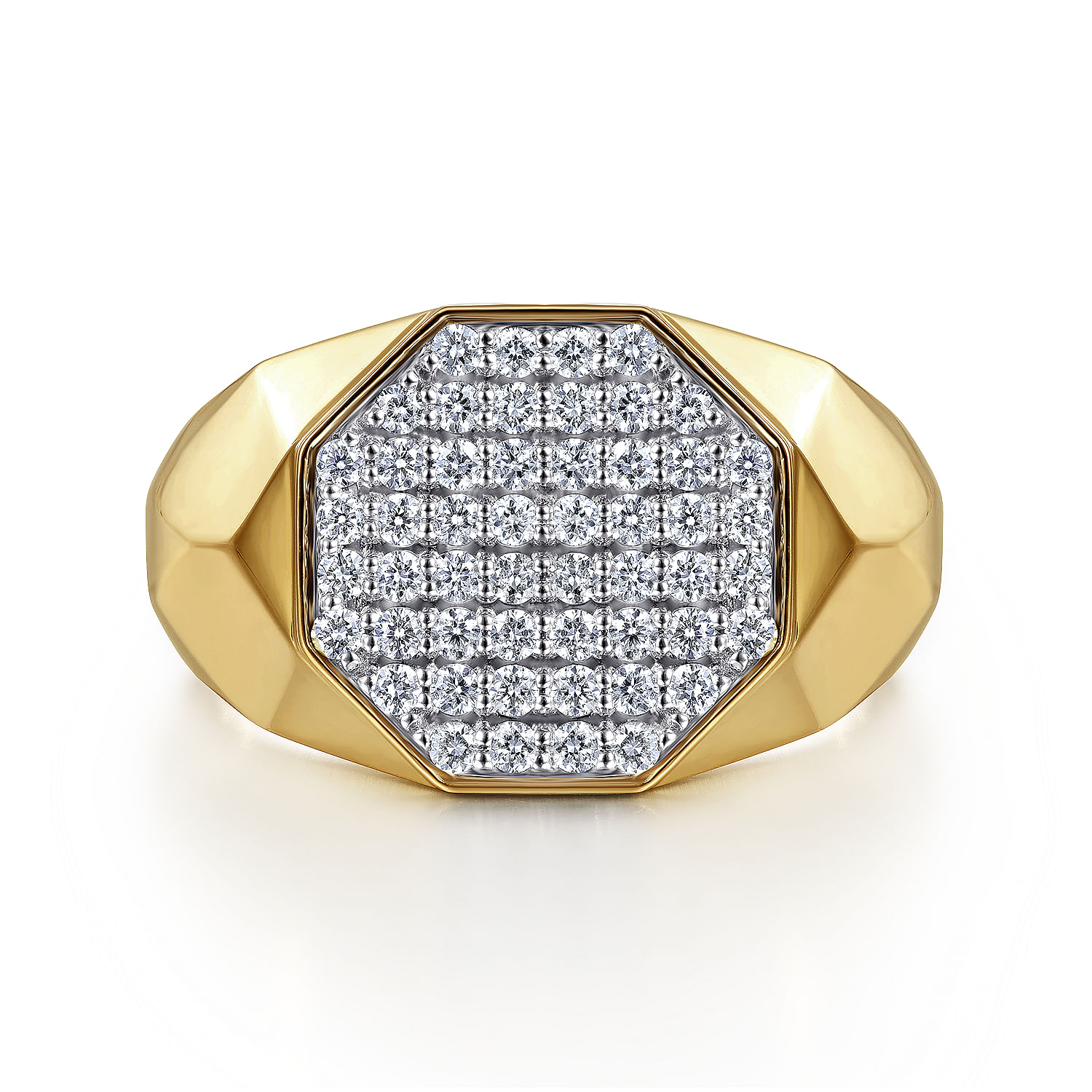 Wide 14K Yellow Gold Faceted Signet Ring with Pave Diamonds