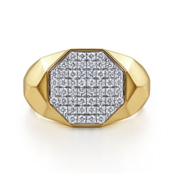 Wide 14K Yellow Gold Faceted Signet Ring with Pave Diamonds in High Polished Finish