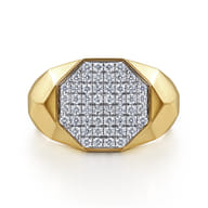 Wide 14K Yellow Gold Faceted Signet Ring with Pave Diamonds in High Polished Finish