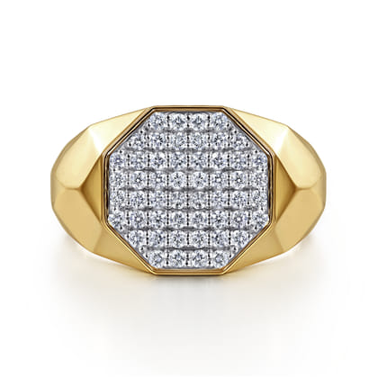 Wide 14K Yellow Gold Faceted Signet Ring with Pave Diamonds in High Polished Finish