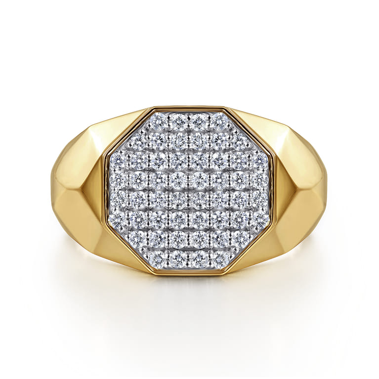 Wide 14K Yellow Gold Faceted Signet Ring with Pave Diamonds in High Polished Finish - 0.65 ct - Shot 1