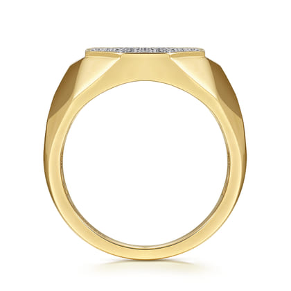 Wide 14K Yellow Gold Faceted Signet Ring with Pave Diamonds in High Polished Finish