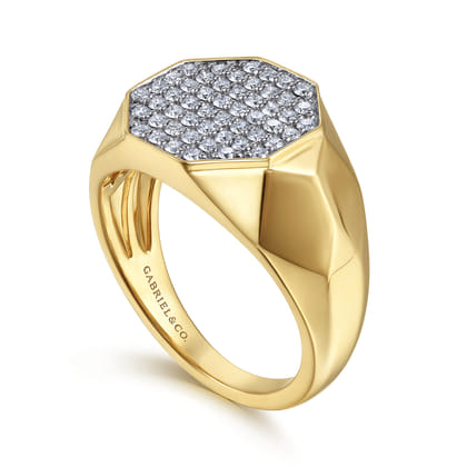 Wide 14K Yellow Gold Faceted Signet Ring with Pave Diamonds in High Polished Finish