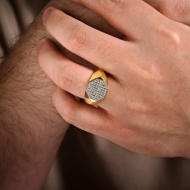 Wide 14K Yellow Gold Faceted Signet Ring with Pave Diamonds in High Polished Finish - 0.65 ct - Shot 5
