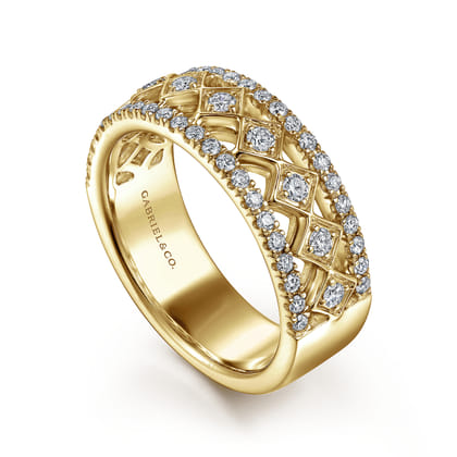 Wide 14K Yellow Gold Geometric Diamond Anniversary Band