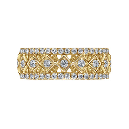 Wide 14K Yellow Gold Geometric Diamond Anniversary Band