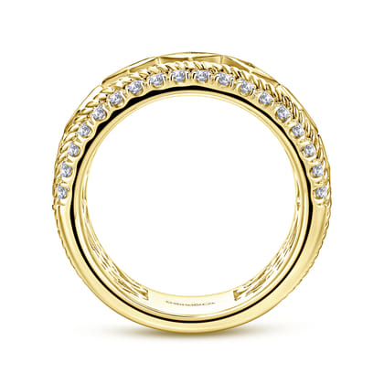 Wide 14K Yellow Gold Geometric Princess Cut and Round Diamond Anniversary Band