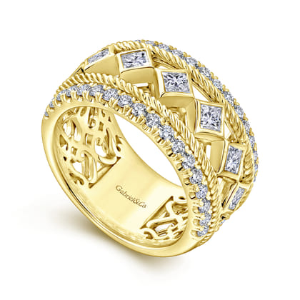 Wide 14K Yellow Gold Geometric Princess Cut and Round Diamond Anniversary Band