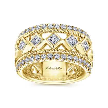 Wide 14K Yellow Gold Geometric Princess Cut and Round Diamond Anniversary Band