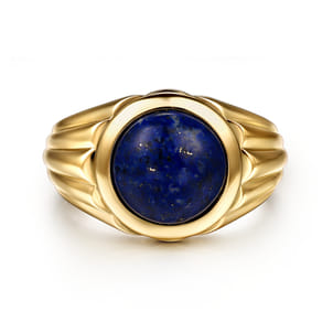 Wide 14K Yellow Gold Lapis Mens Ring in High Polished Finish