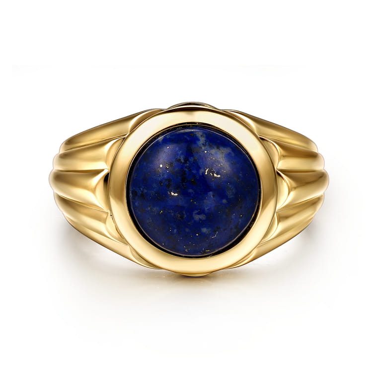Wide 14K Yellow Gold Lapis Mens Ring in High Polished Finish - Shot 1