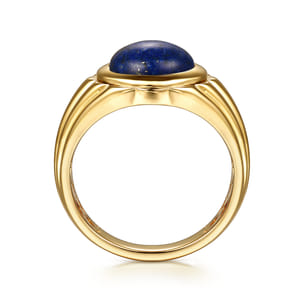 Wide 14K Yellow Gold Lapis Mens Ring in High Polished Finish