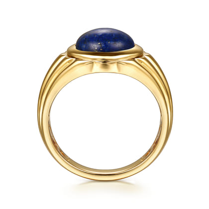 Wide 14K Yellow Gold Lapis Mens Ring in High Polished Finish