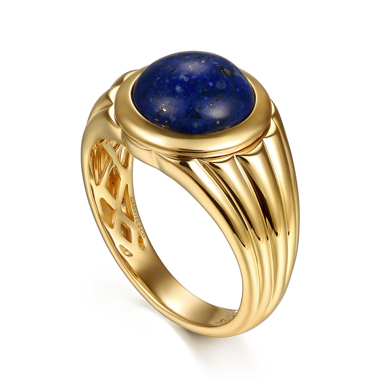 Wide 14K Yellow Gold Lapis Mens Ring in High Polished Finish - Shot 3
