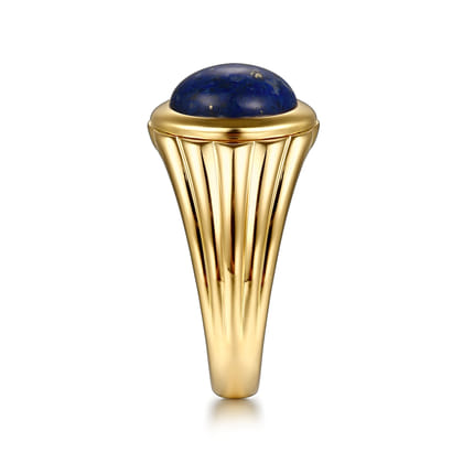 Wide 14K Yellow Gold Lapis Mens Ring in High Polished Finish