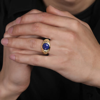 Wide 14K Yellow Gold Lapis Mens Ring in High Polished Finish