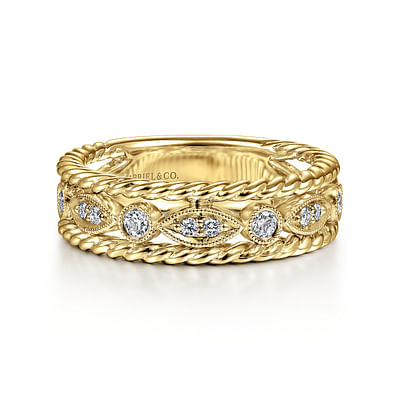 Wide 14K Yellow Gold Marquise and Round Station Diamond Anniversary Band with Twisted Rope Frame