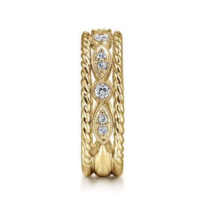 Wide 14K Yellow Gold Marquise and Round Station Diamond Anniversary Band with Twisted Rope Frame