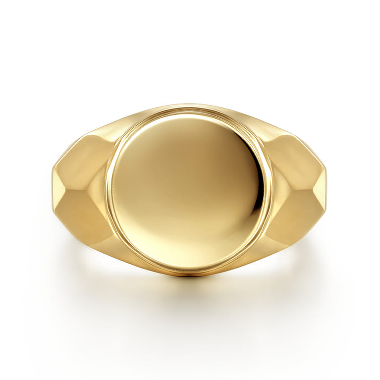 Wide 14K Yellow Gold Round Signet Ring in High Polished Finish - Shot 1