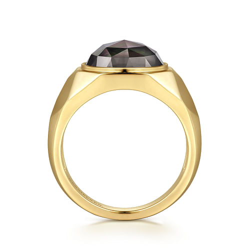 Wide 14K Yellow Gold Signet Ring with Black Mother of Pearl Stone in High Polished Finish - Shot 2