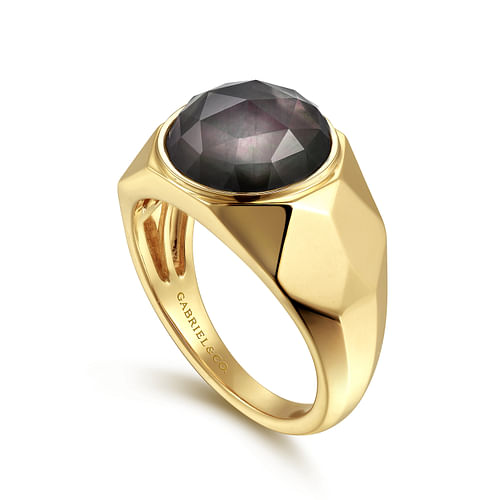 Wide 14K Yellow Gold Signet Ring with Black Mother of Pearl Stone in High Polished Finish - Shot 3