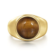 Wide 14K Yellow Gold Signet Ring with Tiger Eye Stone in High Polish Finish