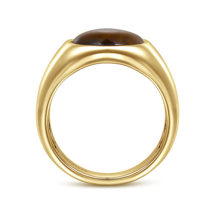 Wide 14K Yellow Gold Signet Ring with Tiger Eye Stone in High Polish Finish