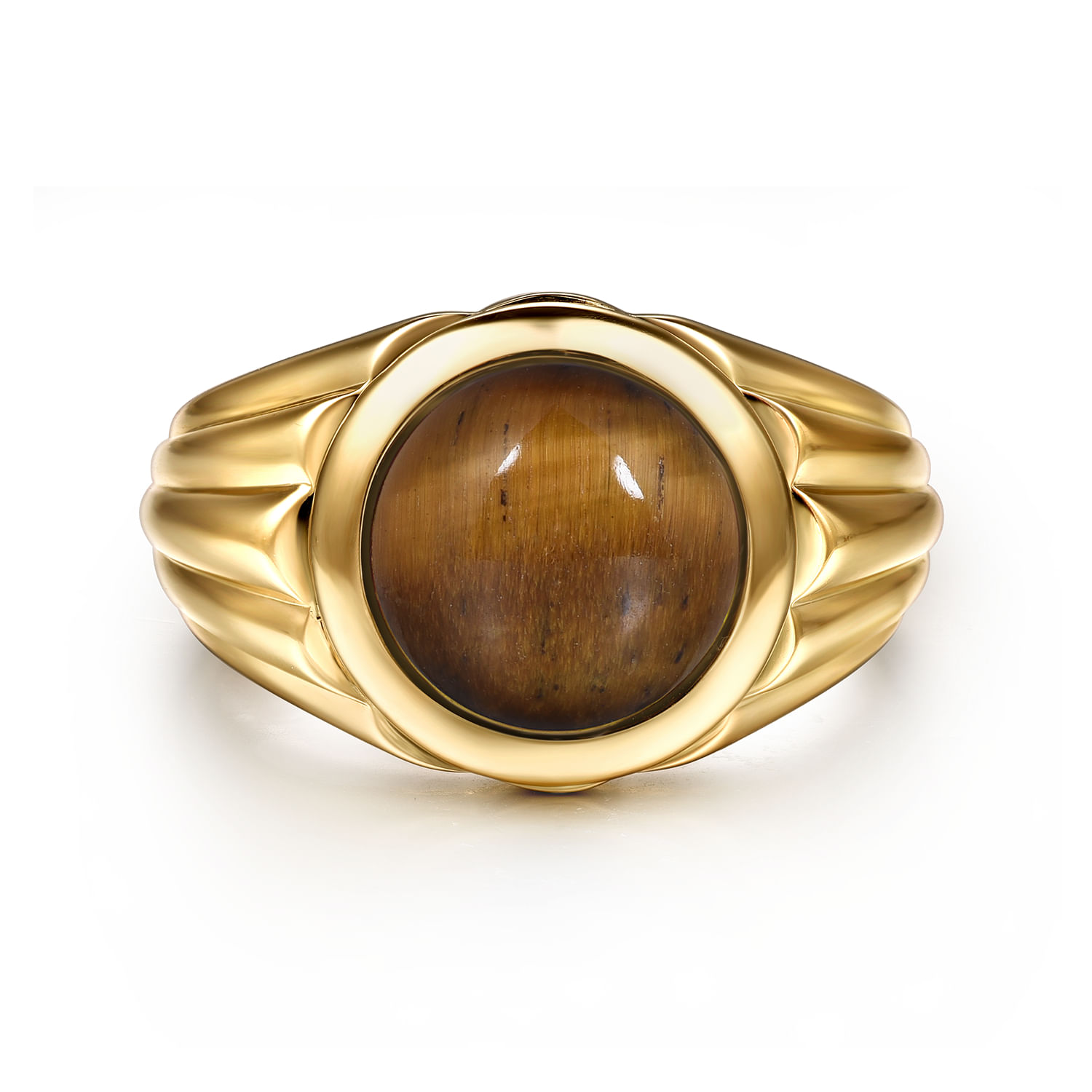 Wide 14K Yellow Gold Tiger Eye Mens Ring in High Polished Finish