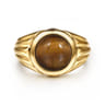 Wide 14K Yellow Gold Tiger Eye Mens Ring in High Polished Finish