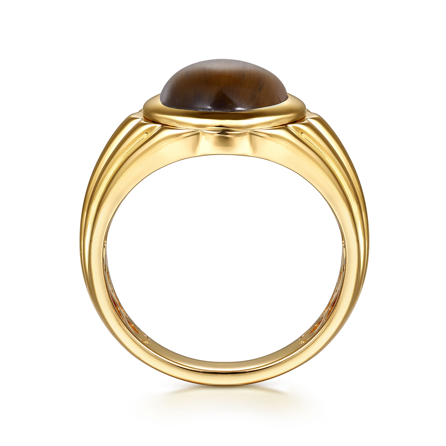 Wide 14K Yellow Gold Tiger Eye Mens Ring in High Polished Finish