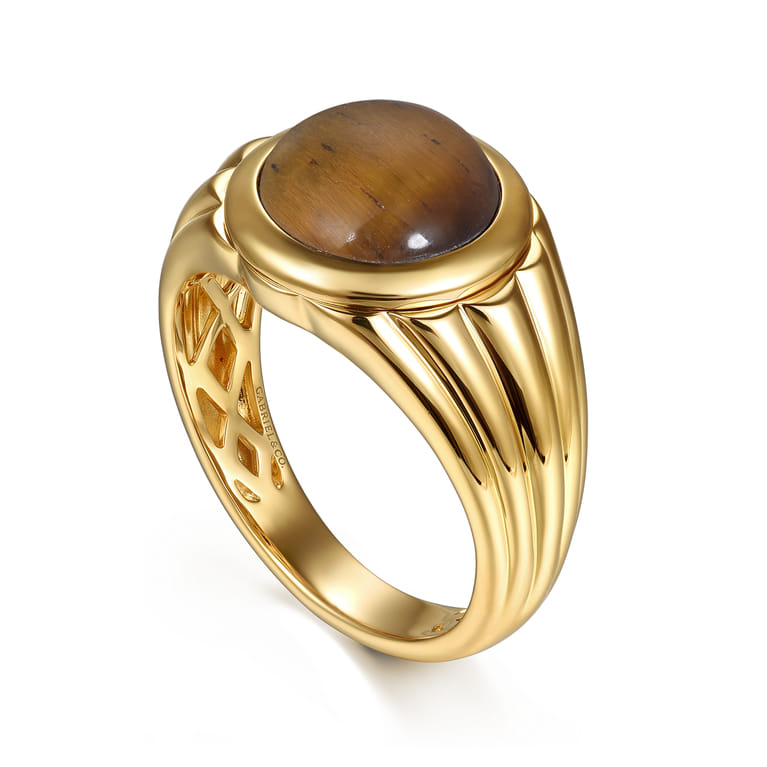 Wide 14K Yellow Gold Tiger Eye Mens Ring in High Polished Finish - Shot 3