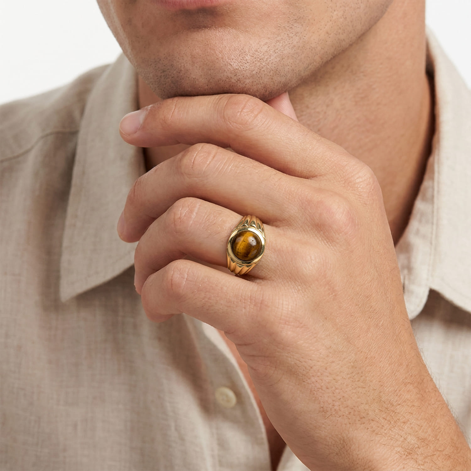 Wide 14K Yellow Gold Tiger Eye Mens Ring in High Polished Finish - Shot 5