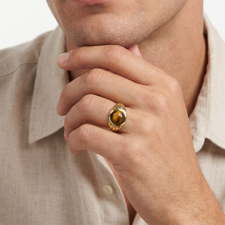 Wide 14K Yellow Gold Tiger Eye Mens Ring in High Polished Finish - Shot 5