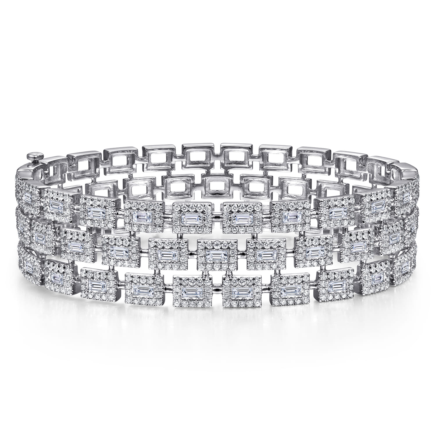 Wide 18K White Gold Round and Baguette Diamond Bracelet - 3.93 ct - Shot 1