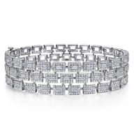 Wide 18K White Gold Round and Baguette Diamond Bracelet